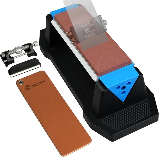 Large Knife Sharpening Stone, Tri-Stone Knife Sharpener, 3 Sides Grit 400/1000/5000, Whetstone Knife Sharpener with Non-Slip Base, Angle Guide & Leather Strop, for Kitchen Knives and Pocket Knives