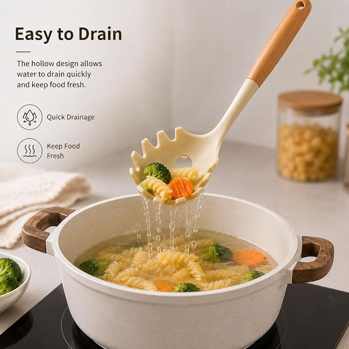 Silicone Pasta Server Spoon Nonstick Spaghetti Spoon with Wooden Handle Pasta Serving Spoon for Noodles Spaghetti Pasta Salad and Daily Cooking