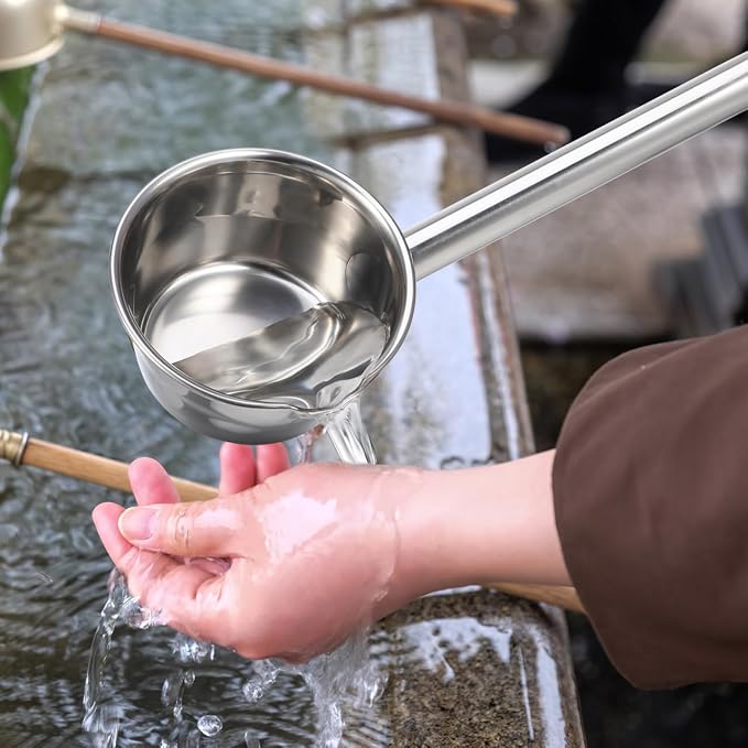 PRETYZOOM 14‘’ Long Handle Stainless Steel Water Ladle with Pour Spout Soup Scoop, Large Metal Garden Watering Spoon for Kitchen, Cooking Japanese Bathing Dipper Heavy Duty