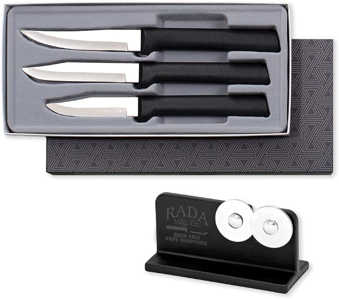 Rada Cutlery Paring Knife Galore Gift Set (G201) with Quick Edge Sharpener (R119), 3-Piece Knife Set and Knife Sharpener, Stainless Steel Blades, Black Handle