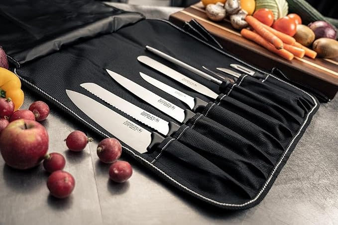 Rockingham Forge Essentials 8007 Range Lightweight Stainless Steel 7” Santoku Knife with Black Handle, Individually Carded