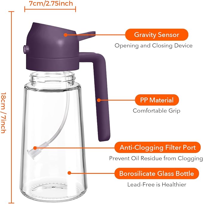 YARRAMATE 16 oz 2-in-1 Glass Olive Oil Sprayer for Cooking, BlackPurple | Food-grade dispenser bottle, 470 ml, spray and pour, portion control, stickers included, for salad, frying and BBQ