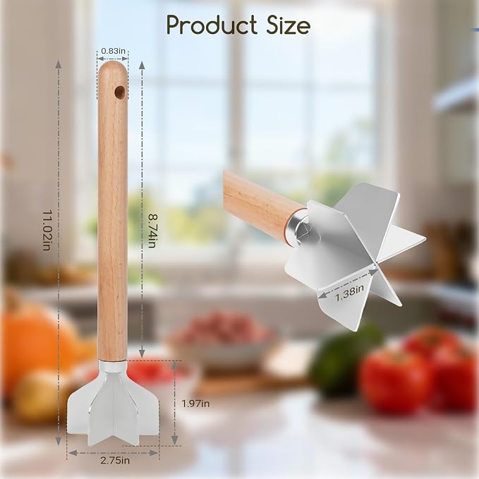 Meat Masher Stainless Steel Meat Chopper, 6-Blade Ground Beef Chopper Tool with 11" Wooden Handle for Hamburger,Turkey & Potato Masher (L, Wood Handle-1pc)