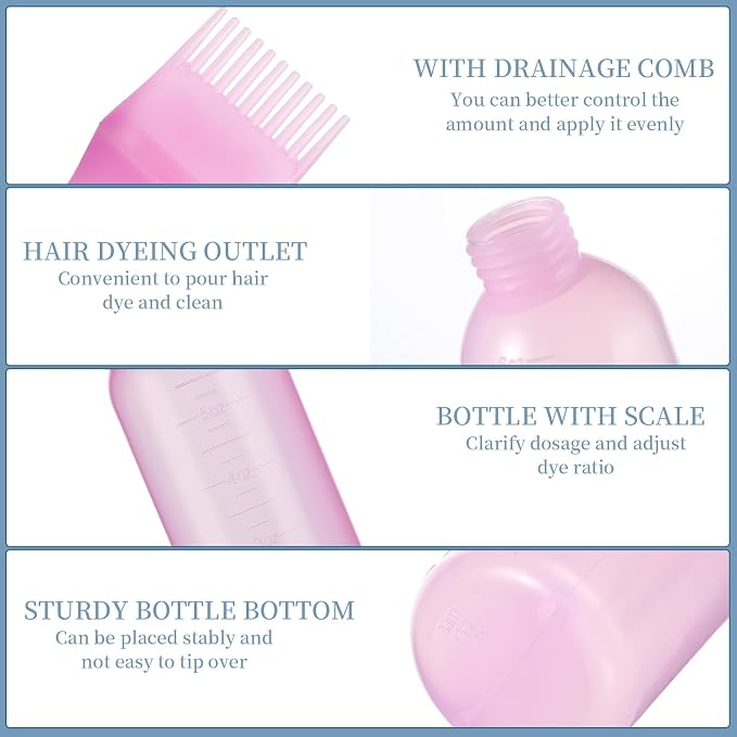 Pimoys 6Oz Root Comb Hair Dye Oil Applicator Bottles for Scalp, Pink | Plastic Squeeze Bottle Dispenser with Graduated Scale, Comb Tip Applicator For Hair Coloring Scalp Oiling, Home Salon Use