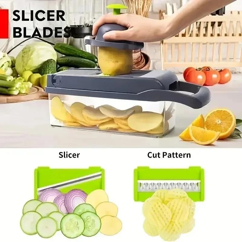 16 in 1 Vegetable Chopper Dicer with Container, Cheese Grater Mandoline Slicer, Stainless Steel Blades, Manual Hand Kitchen Gadget for Onion Potato Fruit