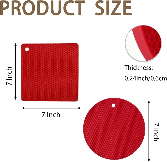 6-Pack Silicone Trivet Mats, Heat Resistant Hot Pads, Dishwasher Safe Kitchen Mats, BPA-Free Pot Holders for Table, Countertop, Stove, Honeycomb Design (Red, 7” Square/Round)