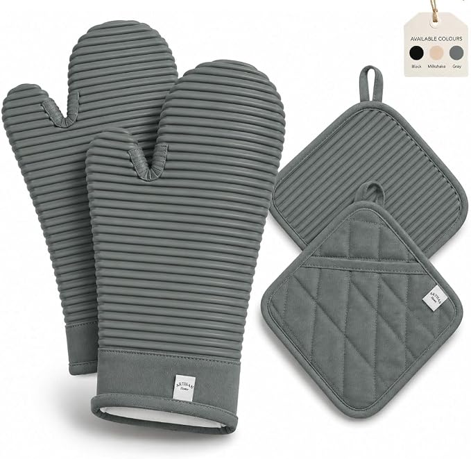 Extra Long Silicone Oven Mitts and Pot Holders Sets | Heat Resistant 500°F BPA-Free Food Grade Silicone Hot Pads & Kitchen Mittens | 4-Piece Set of Oven Gloves & Potholders for Kitchens- Gray