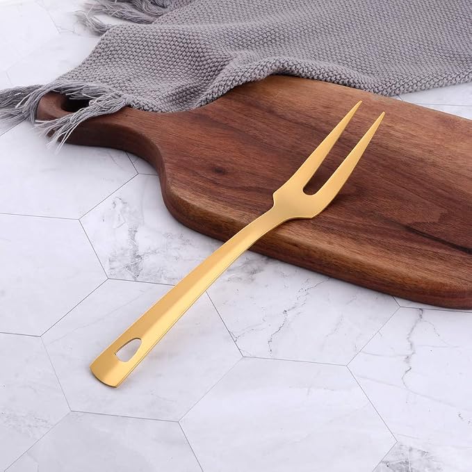 6 Pcs 9.6 in Gold Meat Forks for Kitchen, Stainless Steel Titanium Plated Dinner Fork, Ergonomic Integral Forming Mirror Polish-Dishwasher Safe