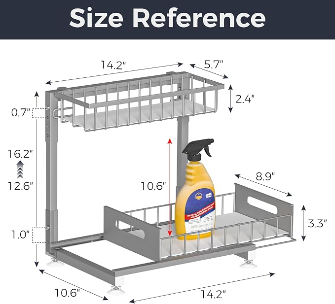 L-Shaped Under Sink Organizer, 2-Tier Pull-out Cabinet Rack 1-Pack | Grey Height-Adjustable Steel Rack, Sliding Grid Drawers with PP Liners, Holds 100 Lbs, Suction Base, Ideal Kitchen Storage