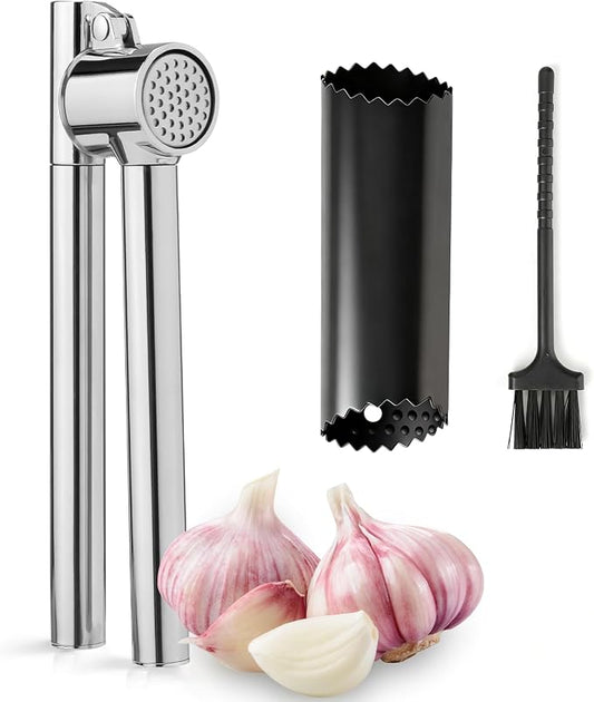 VINATO Stainless Garlic Press, Stainless Steel Kitchen Utensils, Garlic Crush for Kitchen with Peeler and Cleaning Brush, Professional Manual Chopper and Practical Kitchen Gadget