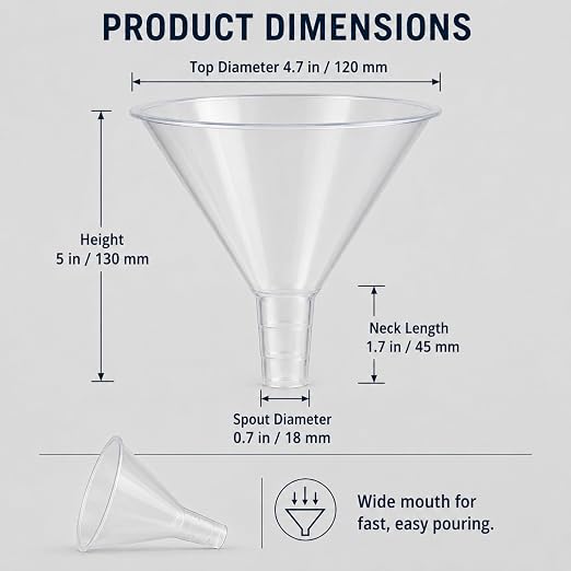 RHBLME 20 PCS Plastic Funnels Set, 4.7 Inch Wide Mouth Clear Plastic Funnels for Filling Bottles, Multipurpose Large Funnel with Long Reaching Spout, Water Bottle Funnel for Powder Liquid Spices