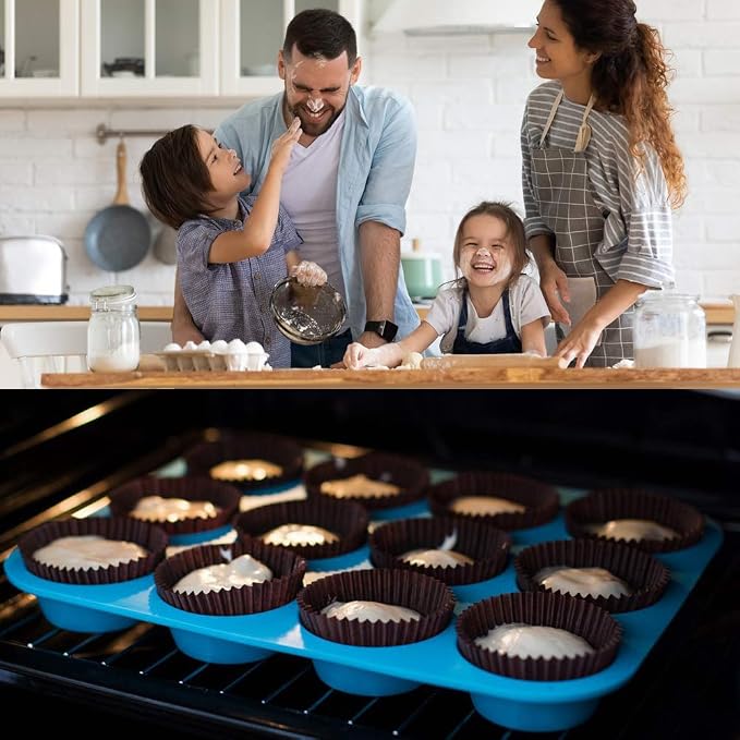 Silicone Muffin Pan Cupcake Set,Non-Stick 12 Cups and Mini 24 Cups | Silicone Baking Molds ,BPA Free Muffin Tin with 1 Spatula & 1 Oil Brush,BPA-Free,Dishwasher-Safe(blue)