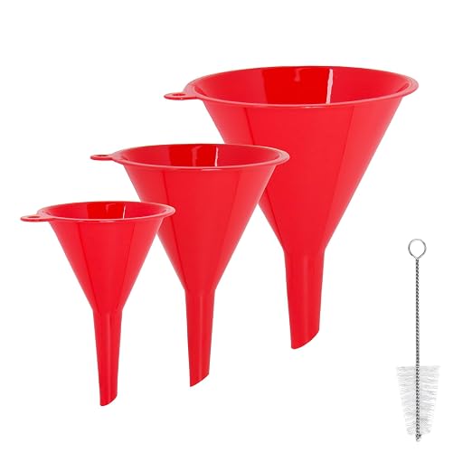 Plastic Kitchen Funnel Set of 3 with Brush – BPA Free Food Grade Funnels for Filling Canning Bottles Oil, Multifunctional for Cooking Lab Automotive, Red
