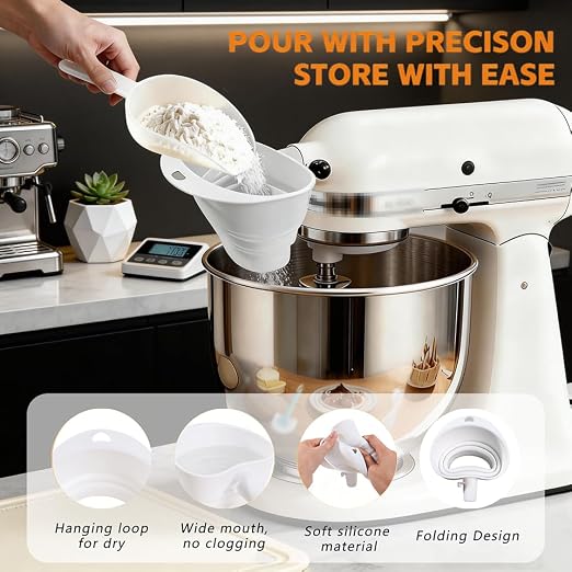 3PC Silicone Flour Funnel for Kitchen Aid Mixer Kitchen Aid Bowl Covers Mixer Bowl Cover,Kitchen Aid Bowl Cover Prevents Food from Spilling Over,Funnel for Kitchen Aid Mixer Foldable Wide Mouth Design