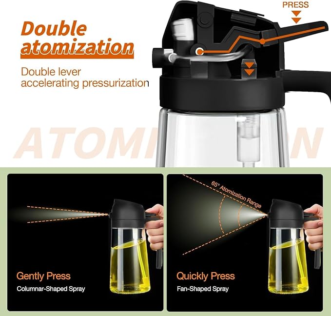 Oil Sprayer for Cooking 2 in 1, 470ml/16oz, Oil Spray & Dispenser Glass Bottle, Food-grade material for Kitchen, Salad Dressing, Frying, Air Fryer & BBQ (Black)