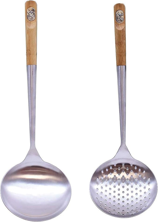 Tablecraft 32410 Wok Spoon with Bamboo Handle, 16", Brown and Tablecraft 32409 Wok Skimmer with Bamboo Handle, 15", Brown - Wok Skimmer & Wok Spoon
