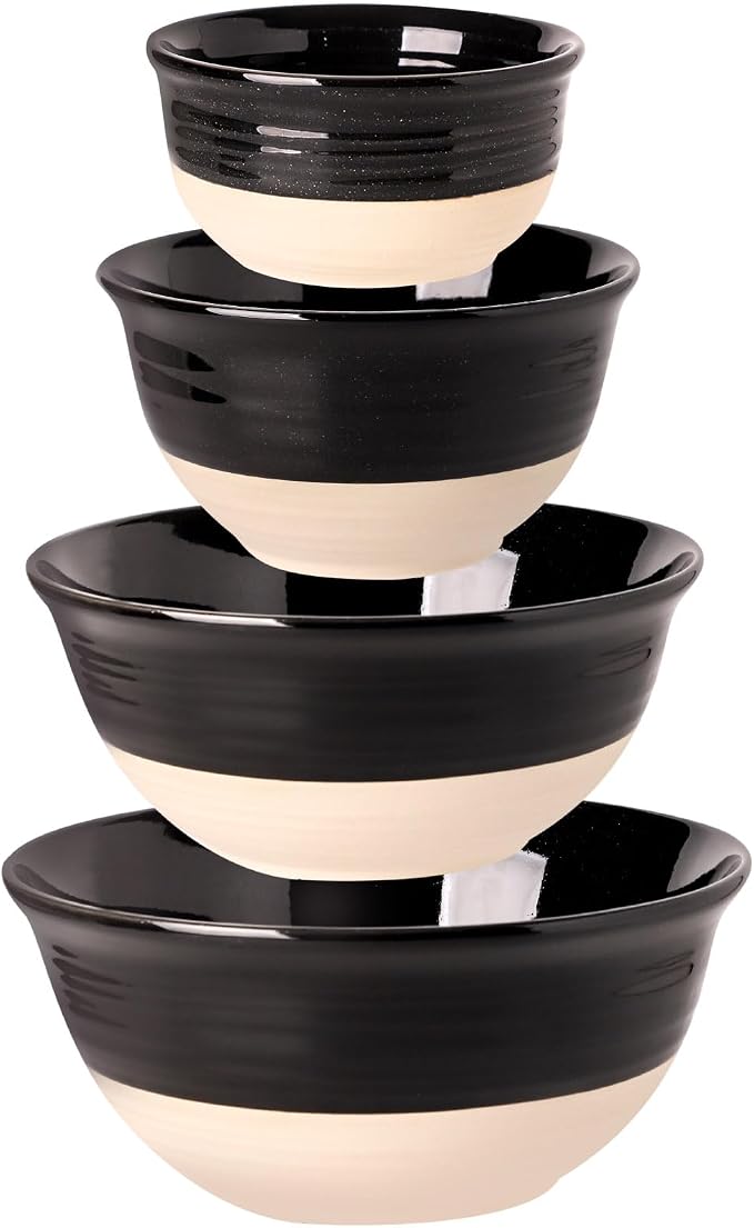 HASENSE Nesting Ceramic Mixing Bowls Set of 4, 2.5/1.5/1.0/0.5 Qt Black & Beige Stoneware Bowls, Farmhouse Bowls for Cooking, Baking, Fruit & Holiday Serving, Dishwasher & Microwave Safe