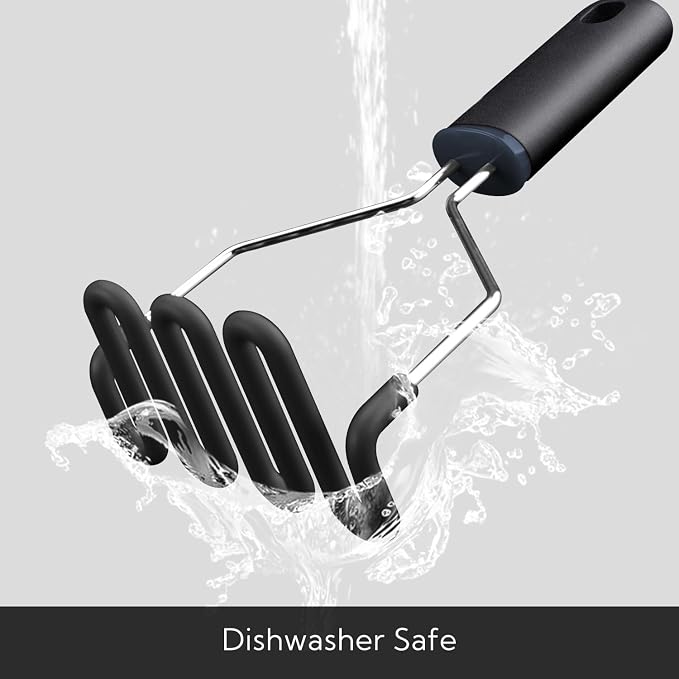 KITCHENDAO Non-Scratch Potato Masher, Heavy Duty 18/8 Stainless Steel Wrapped In Premium Silicone, Soft Touch Handle, Versatile Masher Hand Tool & Potato Smasher, Gift for Christmas-Black