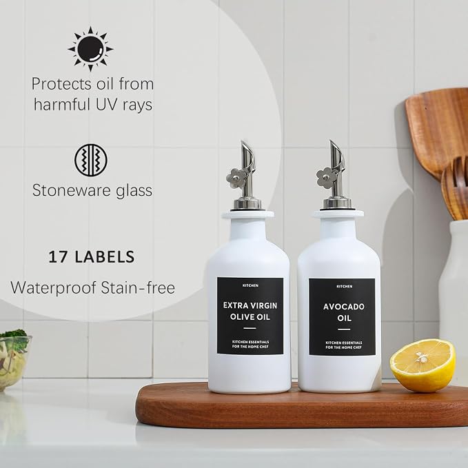 HOMCDALY Olive Oil Dispenser for Kitchen, 12oz Glass kitchen Dispenser Bottle, White Oil&Vinegar Cruet Set, Leakproof Oil Bottle for Cooking| Set of 2 (12oz – White)