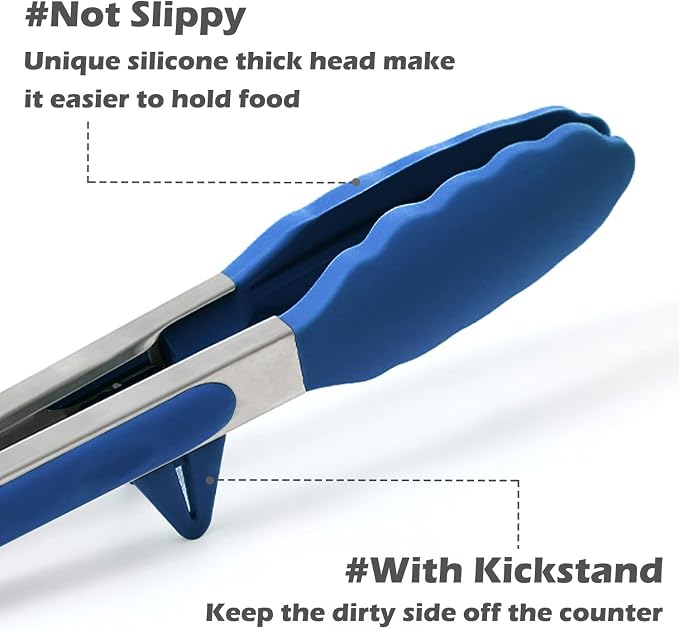 Silicone Tongs for Cooking, 3Pcs Stainless Steel Kitchen Tong with Silicone Tips, Heat Resistant Food Grade Small Serving Tong for BBQ Salad, Blue(7"+9"+12")