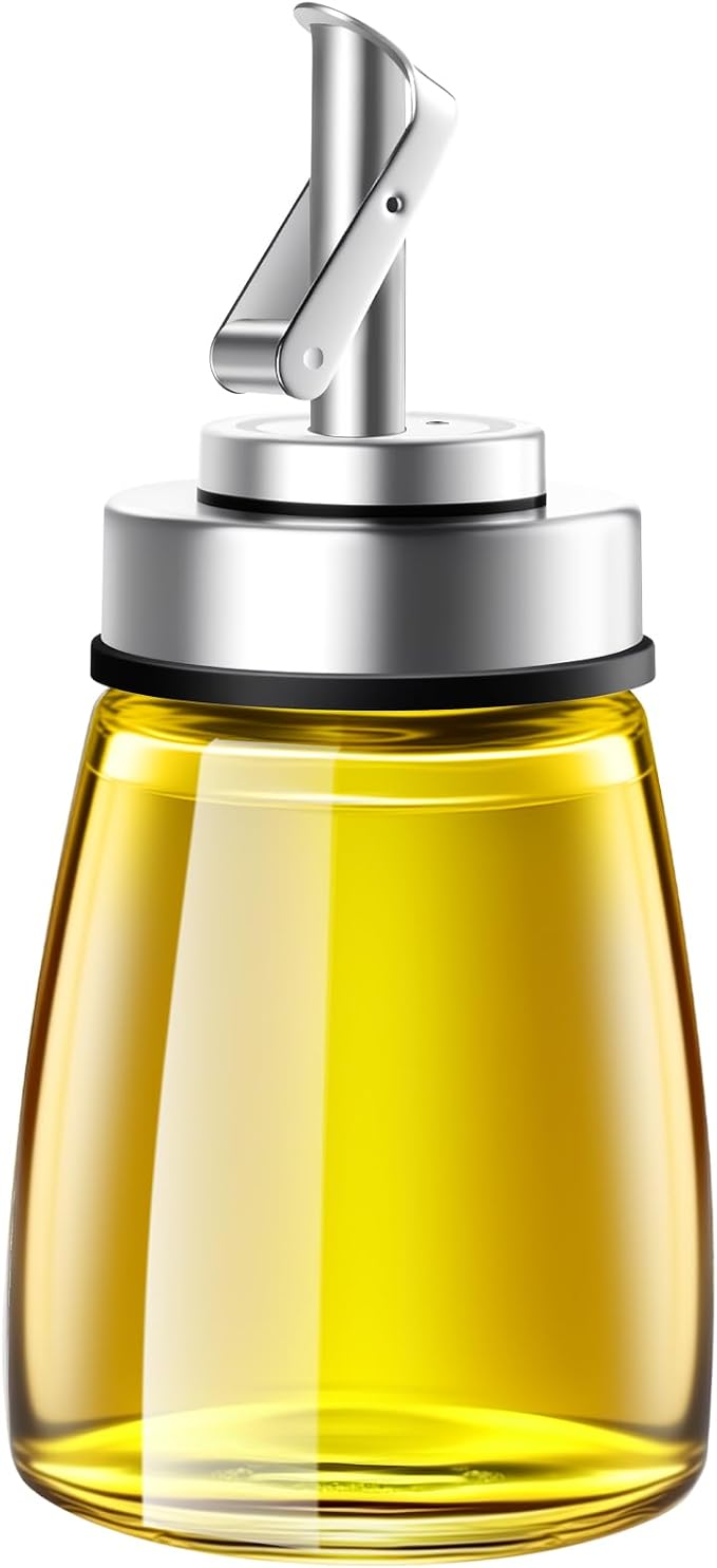 Glass Oil Dispenser Bottle with Stainless Steel Spout, Automatic Opening Lid, for Cooking Oil, Vinegar, Sauces, Syrup, 6OZ