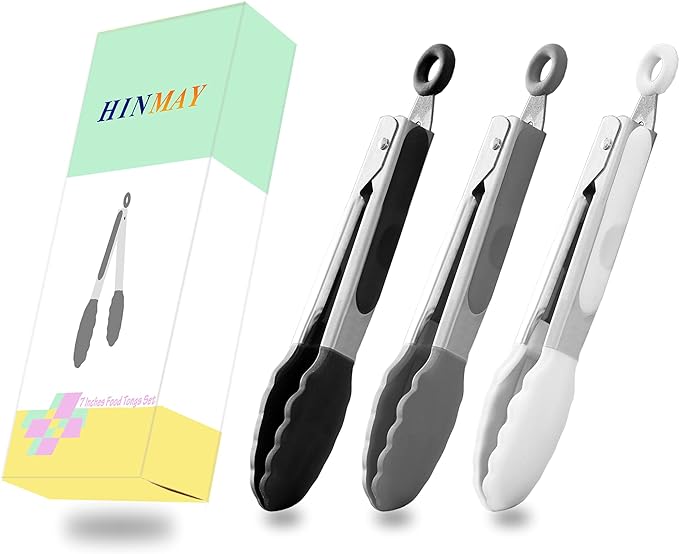 HINMAY Small Silicone Tongs 7-Inch Mini Serving Tongs, Set of 3 (Black Gray White) | Black Gray White