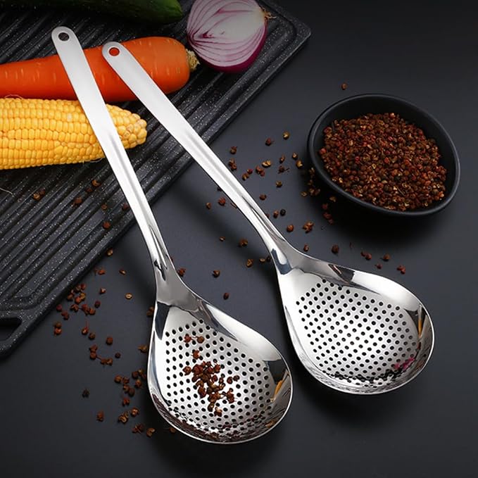 Hemoton Stainless Steel Skimmer Slotted Spoon for Frying and Hot Pot Cooking 13.93 Inch Large Strainer Ladle for Oil Draining and Food Scooping