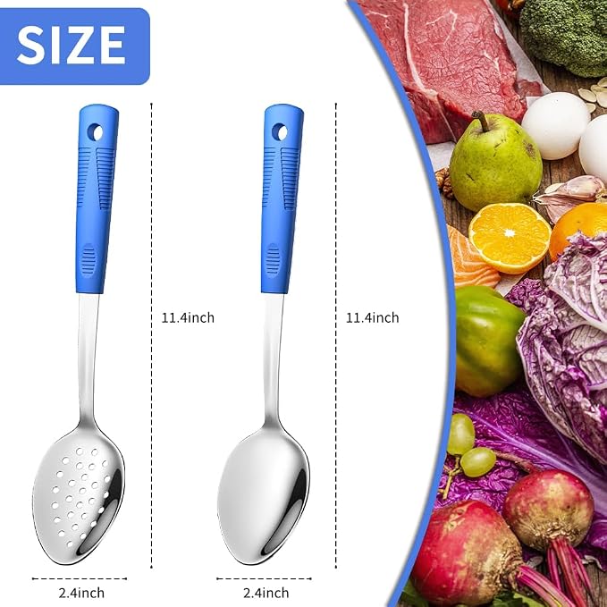 Serving Spoon Set with Silicone Handles,2-Piece spoon | Stainless Steel Serving Spoon, Slotted Spoon & Soup Ladle Set for Buffet and Home Kitchen