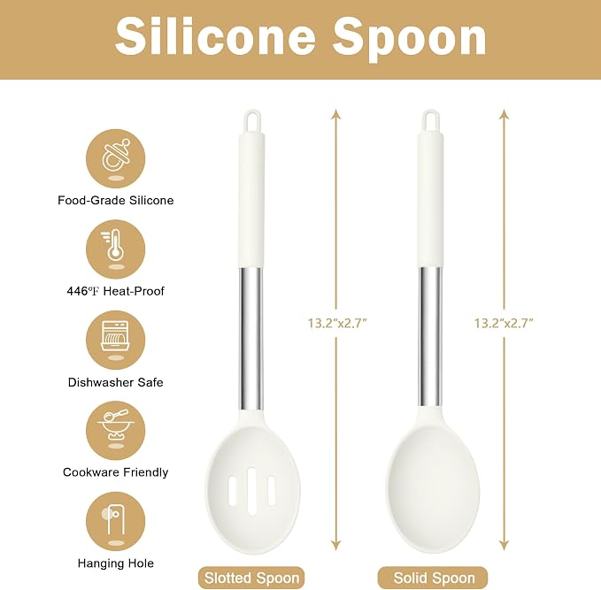 TeamFar Silicone Spoons, 2 Pcs Large Nonstick Kitchen Spoons, Heatproof Solid and Slotted Spoons for Cooking Mixing Serving Stirring, Healthy & Dishwasher Safe, White