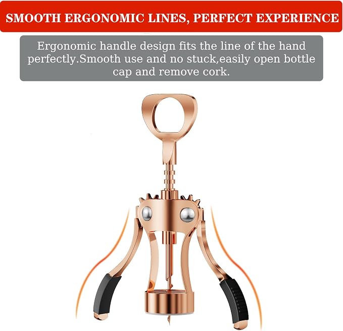 KORCCI Wine Opener, Heavy-Duty Zinc Alloy Wing Corkscrew, Premium Beer Bottle Opener, Multifunctional Wine Accessories with Ergonomic Handle and Sharp Screw, for Kitchen, Bar, Restaurant (Rose Gold)