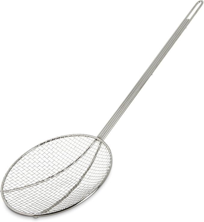 Soro Essentials- 7” Stainless Steel Round Coarse Mesh Wire Skimmer Strainer- Cooking Skimmer Spoon Ladle Skimmers Strainer Spoon for Kitchen Cooking Straining Frying Draining Home Kitchen Restaurant
