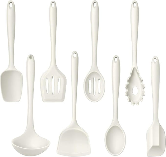 LIANYU 8Pcs Kitchen Cooking Utensils Set, Silicone Utensil Sets, Heat Resistant Kitchen Gadgets Essentials for Nonstick Cookware with Spatula, Spoon, Tuner, Ladle, Dishwasher Safe, White