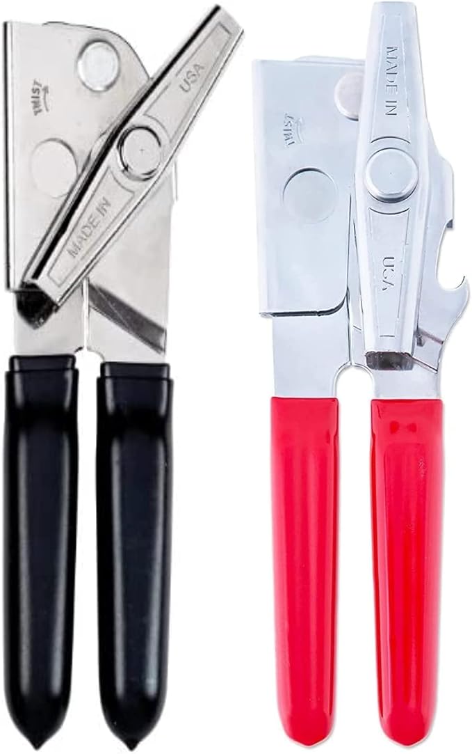 EZ-DUZ-IT Deluxe Manual Can Opener - 2 Pack - Heavy Duty and Rust Proof - Sharp Blade with Smooth Edge - Large, Comfortable Red and Black Grips - Easy Turn Knob - Opens Various Can Sizes