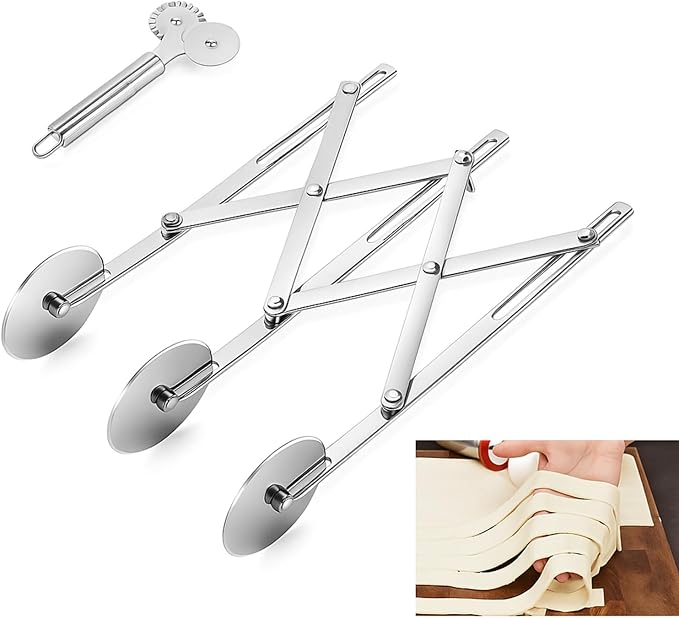 3 Wheel Pastry Cutter, Stainless Steel Roller, Expandable Dough Cutter, Multi Wheel Cookie Ravioli Cutter, Adjustable Pizza Slicer, Knife for Baking, Dough Divider