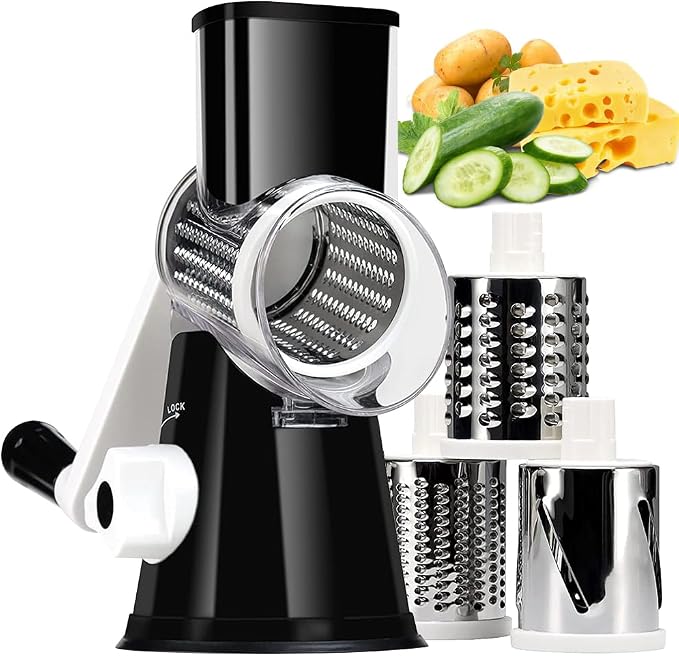 KEOUKE Rotary Cheese Grater Hand Crank Black - Shredder Slicer Grinder 3 Stainless Steel Blades, Stable Suction, Labor-Saving Handle, Safe Kitchen Tool for Cheese, Vegetable, Nuts, Chocolate