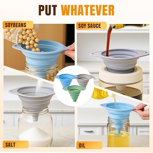 Kitchen Funnel Set 3 Pack, 2025 New Funnels for Kitchen Use Filling Bottles, Silicone Collapsible Funnel, Small Funnels for Filling Small Bottles, for Water Bottle Liquid Transfer (6PCS)