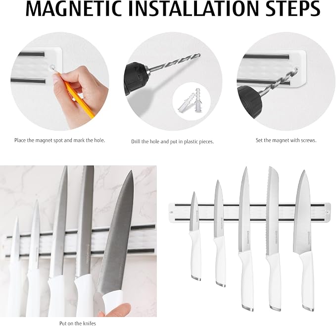 6-Piece White Knife Set with Magnetic Strip for Wall, Ultra Sharp Magnetic Knives Set for Kitchen, Dishwasher Safe Small Knife Set for Meat Vegetable Cutting