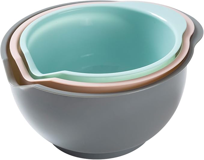 Set of 3 Mixing Bowls with Pour Spout-Nesting Design Saves Space - Non-Slip, BPA Free, Dishwasher Safe Plastic - Kitchen Cooking and Baking Supplies (Green Pink Grey)