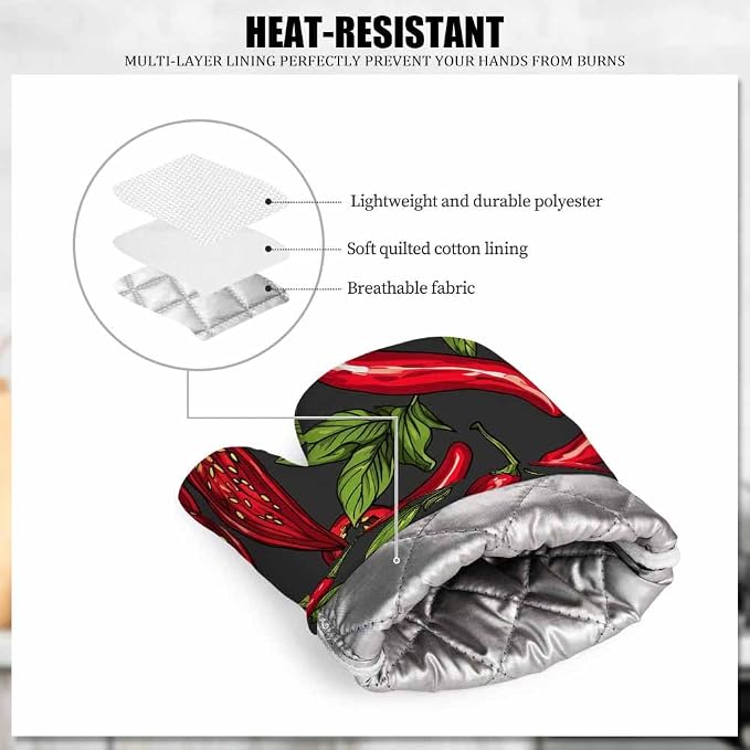 Mxocom Mexican Hot Pepper Chili Oven Mitts and Pot Holders Sets Slices Halves Crushed Pieces and Branch Organic Healthy Red Silicone Heat Resistant Kitchen Oven Gloves Pot Holder for Cooking