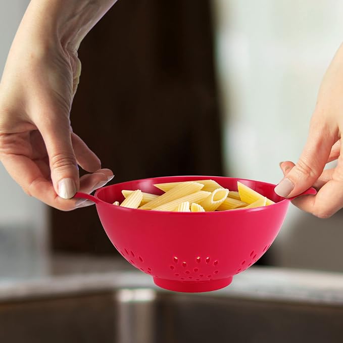 Meadow Lane 6-inch Small Colander, BPA-Free, Dishwasher Safe, Double Handles, Compact Food Strainer for Berries, Veggies and Pasta, 3-Cup Capacity, Red and Blue, 2-Pack