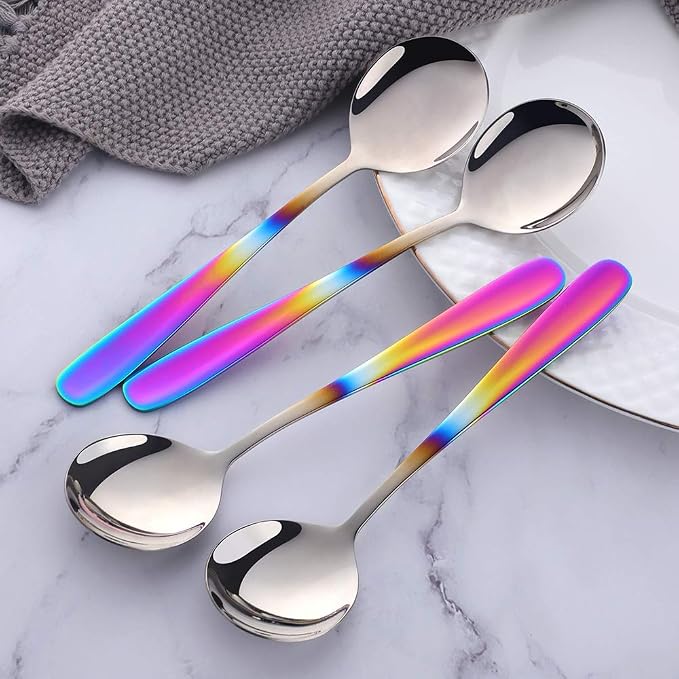 Buyer Star Bouillon Spoon Sets, 7-Inch Round Soup Spoons, Stainless Steel Finished Table Dinner Spoons (Gradient Rainbow)