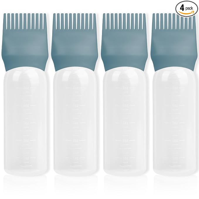 Root Comb Applicator Bottle 6 Ounce, 4 Pack Hair Oil Applicator Bottle, Hair Dye Bottle Applicator Tools with Hair Oil Dispenser Root Comb Brush for Scalp Hair Oiling Applicator - Green