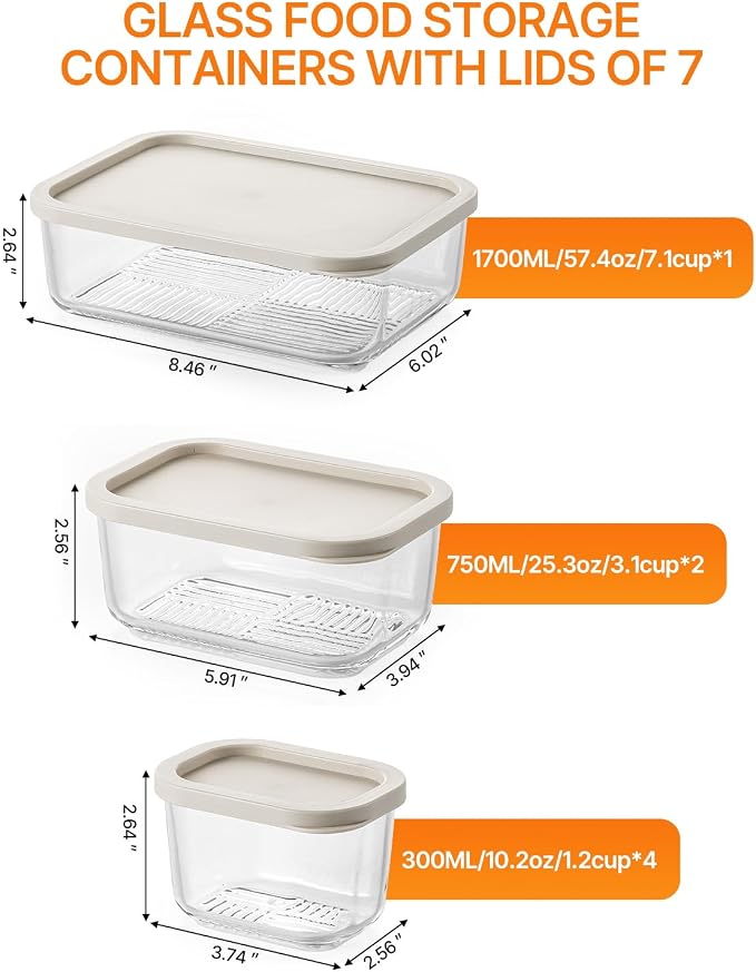 KEMETHY 7 Pack Glass Food Storage Containers with Lids,Stackable BPA Free Glass Meal Prep Containers,Glass Lunch Containers with Lids for Kitchen Storage and Organization- Baking, Microwave, Oven
