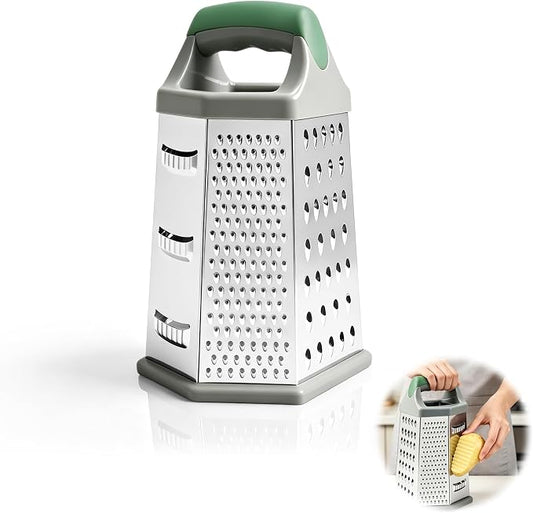 Box grater for kitchen 6 Sided - Cheese Graters Handheld, Stainless Steel Shredder for Food Vegetable Carrot Potato Tomato (Green)