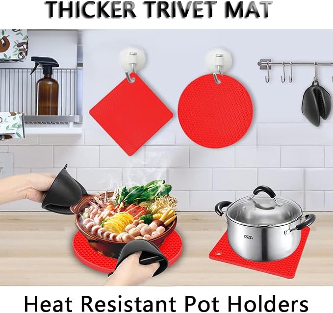 Silicone Trivet Pot Mat, Silicone Pot Holders for Hot Pan and Pot Pads. Heat Resistant Counter Mats for Tables Placemats,Countertops, Spoon Rest and Large Coasters (4Pack Red)