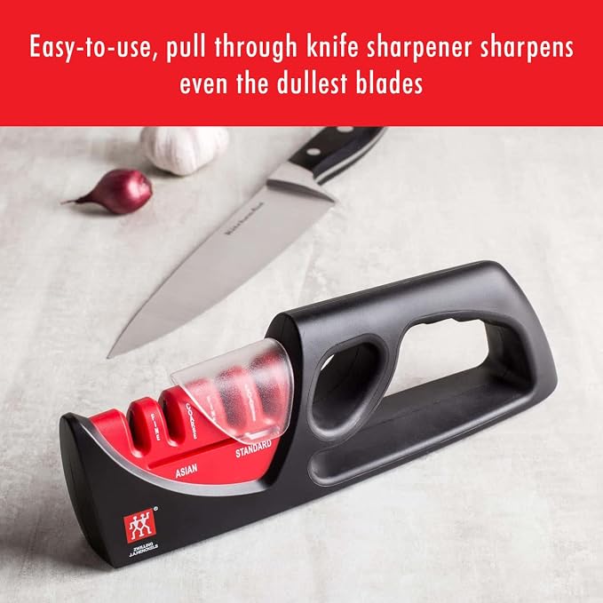 ZWILLING 4-Stage Pull Through Knife Sharpener | Manual Kitchen Sharpener with Coarse and Fine Ceramic Rods, Non-Slip Ergonomic Design for Western and Asian Knives