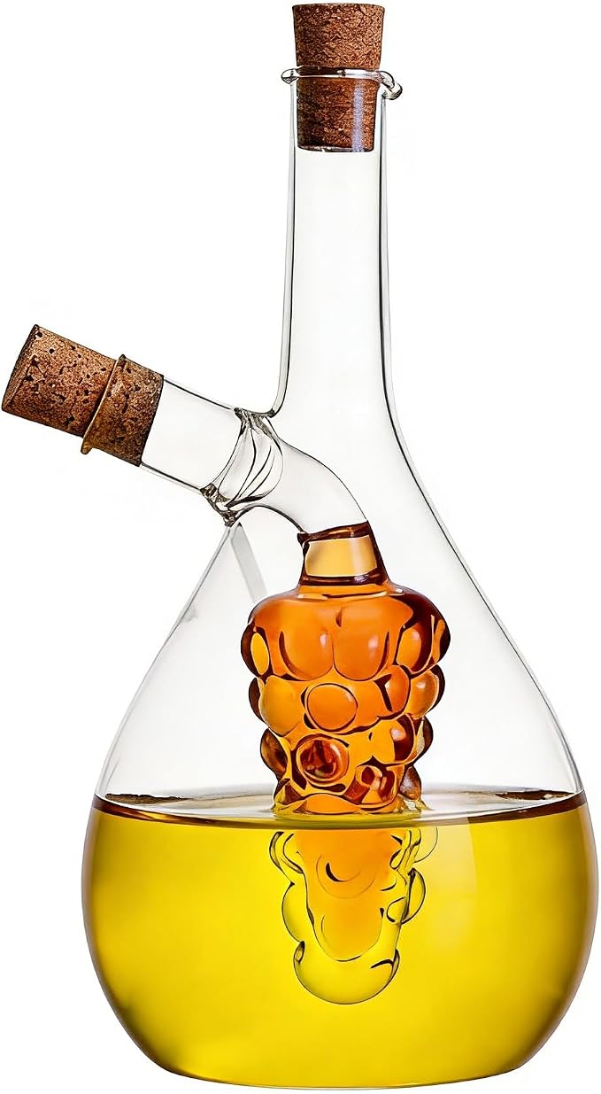 ELETON Grape Motif 2 in 1 Glass Oil and Vinegar Dispenser – Dual Chamber Cruet Bottle for Olive Oil & Balsamic, Leakproof Kitchen Container with Cork Stopper