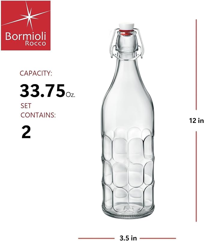 Bormioli Rocco Moresca Swing Top Bottles Set of 2-33.75 oz Airtight Glass Containers with Vintage Design for Oils, Vinegars, Liqueurs & Homemade Dressings - Reusable Italian Glass