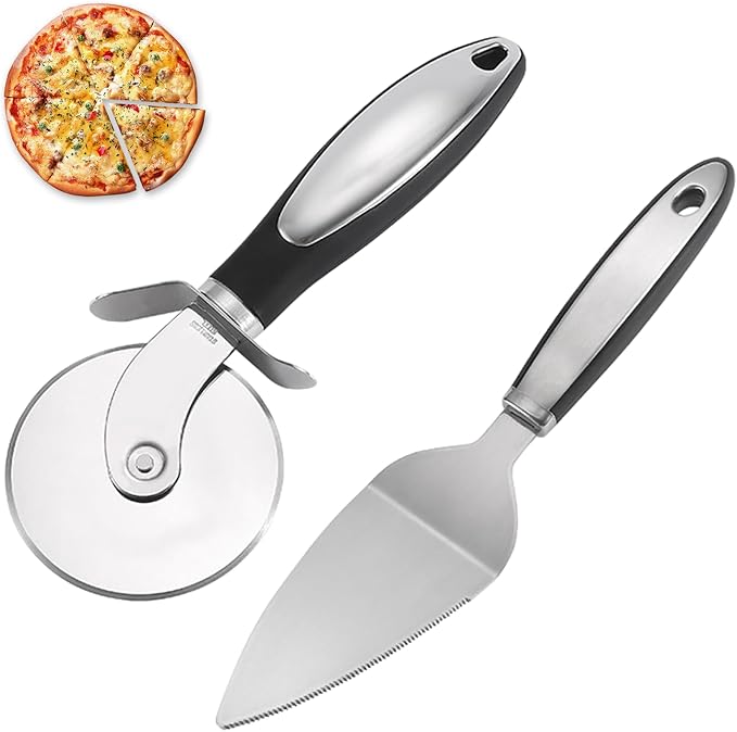 Pizza Cutter Wheel & Pie Server Set of 2, Stainless Steel Slicer with Sharp Blade and Ergonomic Handle, Shovel Server with Serrated Edges for Pizza, Pie, Cake