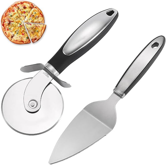 Pizza Cutter Wheel & Pie Server Set of 2, Stainless Steel Slicer with Sharp Blade and Ergonomic Handle, Shovel Server with Serrated Edges for Pizza, Pie, Cake